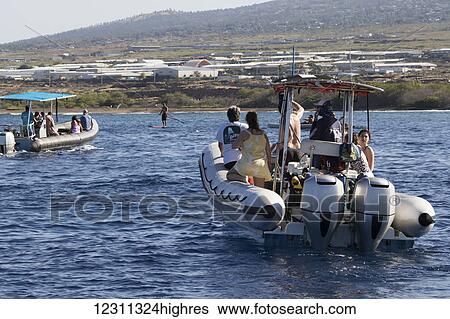 Stock Photograph - Dolphin and whale watching boats with tourists and a stand-up paddleboarder off the Kona coast; Kona, Island of Hawaii, Hawaii, United States of America. Fotosearch