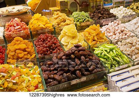 Stock Photograph - Dried fruit and Turkish Delight sold at the Grand Bazaar; Istanbul, Turkey. Fotosearch