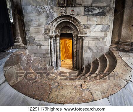 Stock Photograph - Exit of the Grotto, the place of Jesus' birth at the Nativity Church; Bethlehem, Israel. Fotosearch