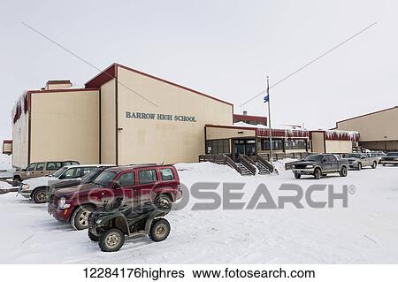 Stock Photograph - Exterior view of Barrow High School, Barrow, North Slope, Arctic Alaska, USA, Winter. Fotosearch