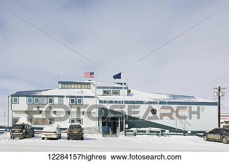 Stock Photograph - Exterior view of the North Slope Borough Headquarters Office, Barrow, North Slope, Arctic Alaska, USA, Winter. Fotosearch