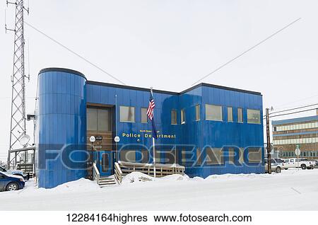 Stock Photograph - Exterior view of the North Slope Borough Police Department building, Barrow, North Slope, Arctic Alaska, USA, Winter. Fotosearch