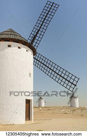 Stock Photograph - Famous windmills in Campo Criptana, where the stories of Don Quixote come from; Ciudad Real, Castile-La Mancha, Spain. Fotosearch