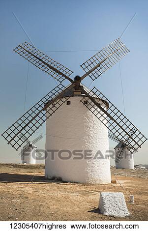 Stock Photograph - Famous windmills in Campo Criptana, where the stories of Don Quixote come from; Ciudad Real, Castile-La Mancha, Spain. Fotosearch