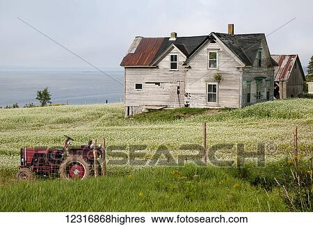 Stock Photograph - Farm with tractor on the edge of a field, Bay of Fundy; Nova Scotia, Canada. Fotosearch