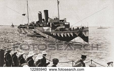 Stock Image - Field Marshal Douglas Haig, 1st Earl Haig and his victorious commanders arriving at Dover on a vessel painted with jazz camouflage at the end of World War One. From The Pageant of the Century, published 1934. Fotosearch