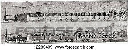 Stock Photo - First passenger carriage in Europe, 1830, George StephensonÃƒâ€šÃ‚Â´s steam locomotive on the Liverpool to Manchester line. From The Story of England, published 1930.. Fotosearch
