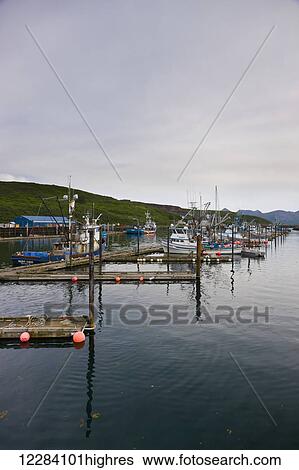 Stock Photograph - Fishing boats docked in the Sand Point Harbor with coastal bluffs in the background, Sand Point, Southwestern Alaska, USA, Summer. Fotosearch