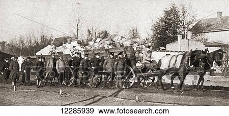 Stock Photo - Food parcels courtesy of the Red Cross arriving at German prison camps during World War One. From The Pageant of the Century, published 1934. Fotosearch