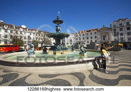 Stock Photograph - Fountain in Rossio Square, Baixa; Lisbon, Portugal. Fotosearch
