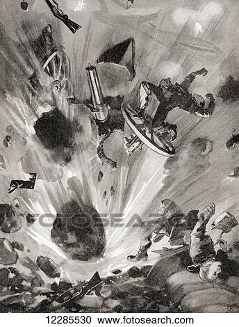 Stock Image - French land mine wrecks a German gun during WWI. From The War Illustrated Album Deluxe, published 1915.. Fotosearch