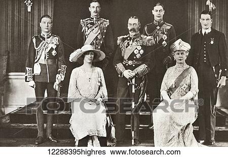 Stock Photograph - From left to right, The Prince of Wales later Edward VIII, Prince Henry the Duke of Gloucester, The Princess Mary, Princess Royal and Countess of Harewood, King George V, Prince Albert of York, later George VI, Queen Mary of Teck, and Prince George,.... Fotosearch