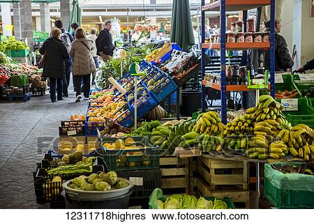 Stock Photograph - Fruits for sale at Mercado da Graca; Ponta Delgada, Sao Miguel, Azores, Portugal. Fotosearch