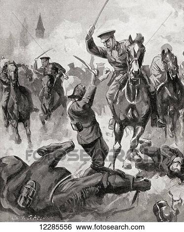 Stock Photograph - Furious charge of British cavalry at The Battle of Mons, 23rd August 1914 during WWI. From The War Illustrated Album Deluxe, published 1915.. Fotosearch