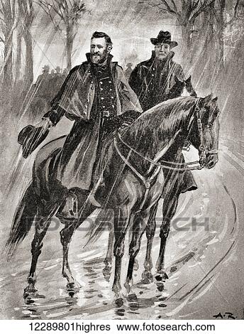 Stock Photograph - General Grant reconnoitering in the rain at Belmont, Missouri, before the battle in 1861. Ulysses S. Grant, 1822 1885. Commanding General in the Union Army during the American Civil War and 18th President of the United States. From The History of.... Fotosearch