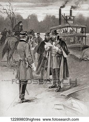 Stock Photograph - General Grant's arrival at The Battle of Shiloh, aka the Battle of Pittsburg Landing, 1862. Ulysses S. Grant, 1822 1885. Commanding General in the Union Army during the American Civil War and 18th President of the United States. From The.... Fotosearch