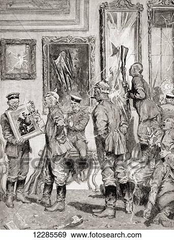Stock Photo - German soldiers destroying a French chateau and stealing priceless art works during WWI. From The War Illustrated Album Deluxe, published 1915.. Fotosearch