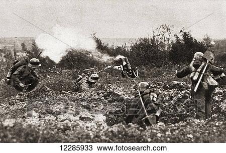 Stock Image - German soldiers using a Minenwerfer or mine launcher in no man's land during World War One. From The Pageant of the Century, published 1934. Fotosearch