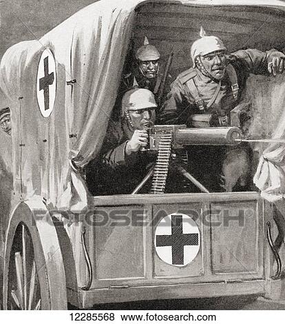 German soldiers using a red cross lorry to hide their machine gun during WWI. From The War Illustrated Album Deluxe, published 1915. View Large Photo Image Stock Photo - German soldiers using a red cross lorry to hide their machine gun during WWI. From The War Illustrated Album Deluxe, published 1915.. Fotosearch