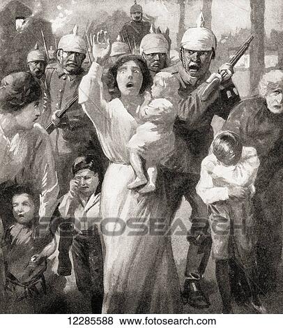 German soldiers using women and children as a battle screen during WWI. From The War Illustrated Album Deluxe, published 1915. View Large Photo Image Stock Photo - German soldiers using women and children as a battle screen during WWI. From The War Illustrated Album Deluxe, published 1915.. Fotosearch