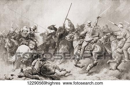 Stock Photograph - German Uhlans engaging French Dragoons at Perwez, Belgium during WWI. From Illustrierte Geschichte des Weltfrieges1914/15.. Fotosearch
