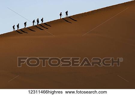 Group of people walking up a large sand dune in the Namib desert, Sossusvlei; Namibia View Large Photo Image Stock Photograph - Group of people walking up a large sand dune in the Namib desert, Sossusvlei; Namibia. Fotosearch