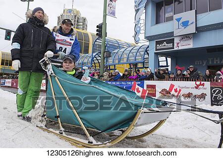 Stock Photograph - Hans Gatt and team leave the ceremonial start line with an Iditarider during the 2016 Iditarod. Fotosearch