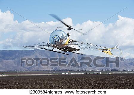 Stock Photograph - Helicopter landing to refill spray tanks; Gonzales, California, United States of America. Fotosearch