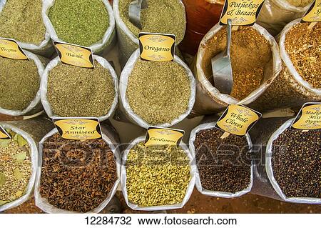 Stock Image - Herbs and spices for sale at farmers market; Pretoria, Gauteng, South Africa. Fotosearch