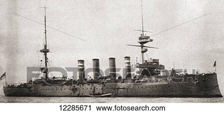 Stock Image - HMS Hampshire, Devonshire-class armoured cruiser built for the Royal Navy, sunk after hitting a German mine and taking Field Marshal Lord Kitchener to his death in 1916. From The Pageant of the Century, published 1934. Fotosearch