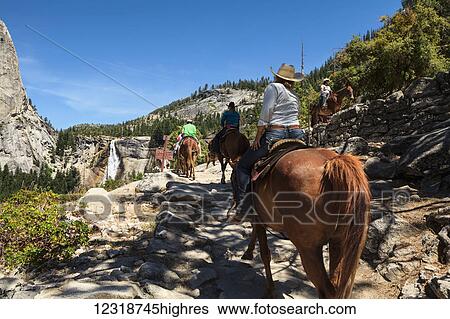 Horses and tourist trekking and Nevada Fall, Yosemite National Park; California, United States of America View Large Photo Image Stock Photograph - Horses and tourist trekking and Nevada Fall, Yosemite National Park; California, United States of America. Fotosearch