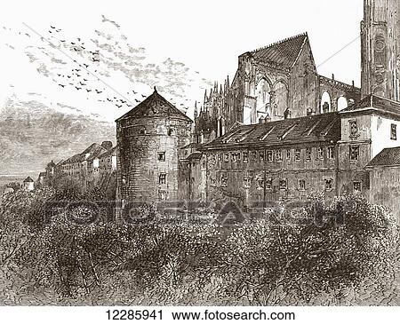 Stock Image - Hrad? any and the cathedral of St. Vitus, the Castle District, Prague, Czech Republic in the 19th century. From The Magazine of Art published1878. Fotosearch
