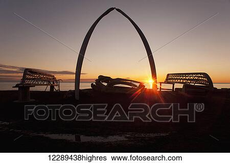 Iconic bowhead whale bone arch and wooden whaling boat at sunset on the shores of Barrow, Arctic Alaska, Summer View Large Photo Image Stock Photograph - Iconic bowhead whale bone arch and wooden whaling boat at sunset on the shores of Barrow, Arctic Alaska, Summer. Fotosearch