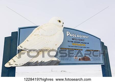 Stock Photograph - Informational sign for the ancient village of Ukpiagvik, Barrow, North Slope, Arctic Alaska, USA, Winter. Fotosearch