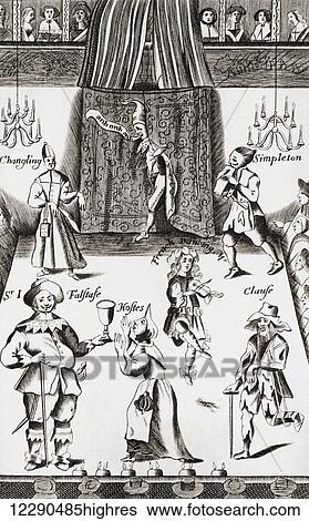 Stock Photograph - Inside The Red Bull playhouse, Clerkenwell, London, England in the 17th century. After the engraved frontispiece of Kirkham's Drolls, 1672. From Impressions of English Literature, published 1944.. Fotosearch