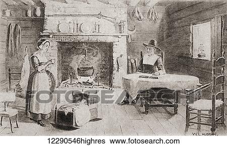 Interior of a New England pioneer's home in the 17th century. From The History of Our Country, published 1899 View Large Photo Image Stock Photograph - Interior of a New England pioneer's home in the 17th century. From The History of Our Country, published 1899. Fotosearch