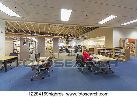 Stock Photograph - Interior view of the Inupiat Heritage Center Library, Barrow, North Slope, Arctic Alaska, USA, Winter. Fotosearch