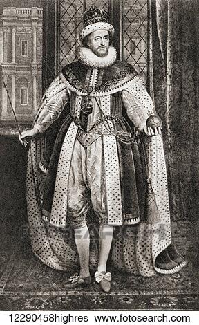 Stock Photograph - James VI and I, 1566 1625. King of Scotland as James VI, from 1567 and King of England and Ireland as James I, 1603 - 1625. After the painting by Paul van Somer. From Impressions of English Literature, published 1944.. Fotosearch
