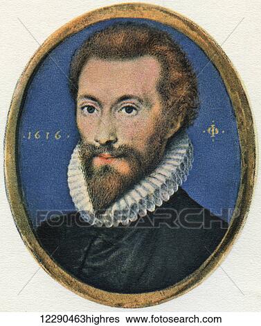 Stock Photograph - John Donne, 1572 -1631. English poet and a cleric. After a miniature by Isaac Oliver. From Impressions of English Literature, published 1944.. Fotosearch