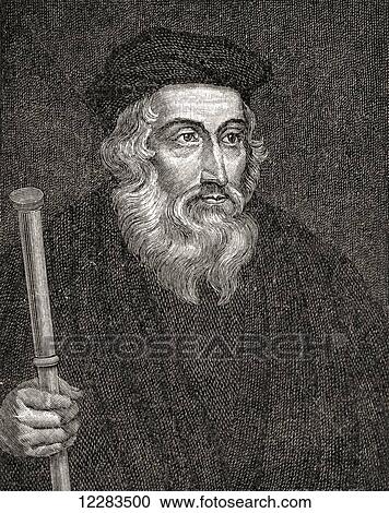 Stock Image - John Wycliffe, c. 1328 to 1384. English theologian, lay preacher, translator, reformist and university teacher. From A First Book of British History published 1925.. Fotosearch