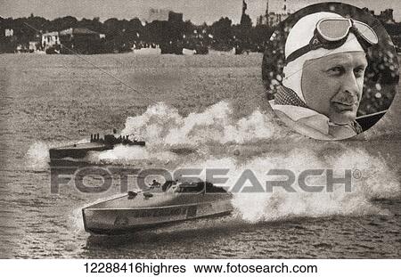 Stock Photograph - Kaye Don, inset, 1891 1981. World record breaking car and speedboat racer. Seen here are the American and English boats competing in the Harmsworth Trophy in 1931. From The Story of 25 Eventful Years in Pictures published 1935. Fotosearch