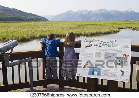 Stock Photograph - Kids look out across Potter Marsh in Summer. Southcentral Alaska.. Fotosearch