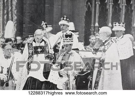 Stock Photograph - King George VI receives the homage of princes and peers following his coronation in 1937. George VI, Albert Frederick Arthur George, 1895 to 1952. King of the United Kingdom. From The Shpere, Coronation Record Number, published 1937.. Fotosearch