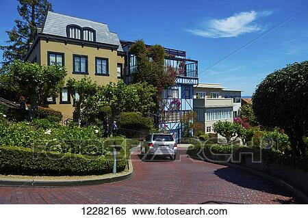 Stock Photography - Lombard Street, a steep, one-block section with eight hairpin turns; San Francisco, California, United States of America. Fotosearch