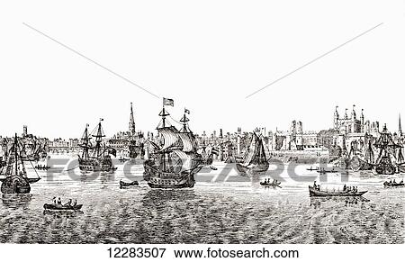 London, England before the spire of St. Paul's was burned. Showing also London Bridge, the Tower and shipping on the Thames. From A First Book of British History published 1925. View Large Photo Image Stock Photo - London, England before the spire of St. Paul's was burned. Showing also London Bridge, the Tower and shipping on the Thames. From A First Book of British History published 1925.. Fotosearch