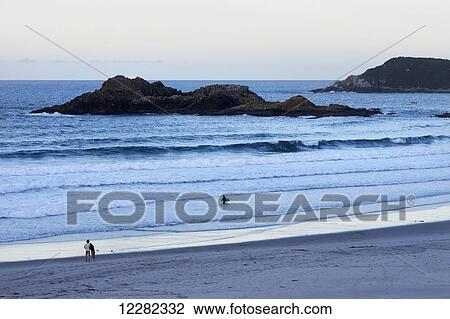Stock Image - Lovers on the beach watching the view and a surfer at sunset; North Island, New Zealand. Fotosearch