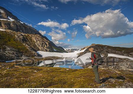 Man hiking alongside a lake while hiking the Harding Icefield Trail, Kenai Fjords National Park, Kenai Peninsula, Southcentral Alaska View Large Photo Image Stock Photograph - Man hiking alongside a lake while hiking the Harding Icefield Trail, Kenai Fjords National Park, Kenai Peninsula, Southcentral Alaska. Fotosearch