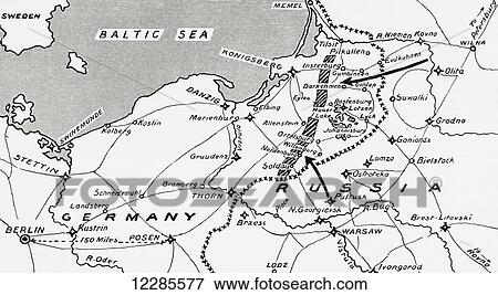 Stock Photo - Map illustrating the advance of the Russian Army of Invasion in the east of Germany, the thick shaded line indicating the positions occupied by the hosts of the Tsar on August 25th 1914. From The War Illustrated Album Deluxe, published 1915.. Fotosearch