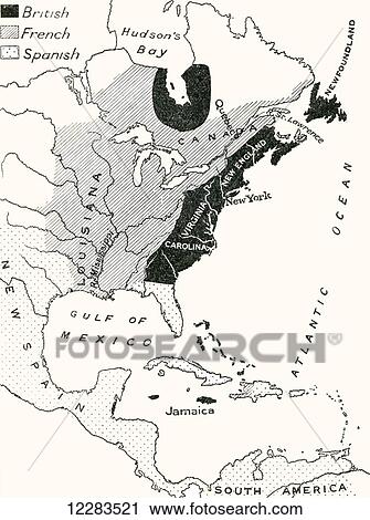 Stock Image - Map of North America before the Seven Year's War which took place between 1754 and 1763. From A First Book of British History published 1925.. Fotosearch