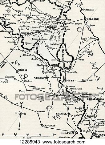 Stock Image - Map of the fortified Franco-German frontier between Belgium and Switzerland during World War One. From The History of the Great War, published c. 1919. Fotosearch